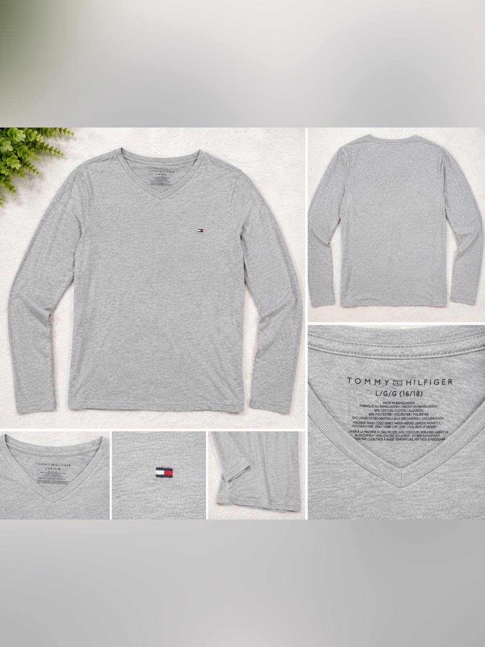 Tommy Hilfiger Gray V Neck Long Sleeve Tee Youth Large 16/18